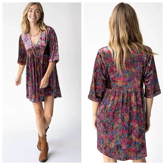 Natural Life Dresses & Skirts - Natural Life Stella Velvet Babydoll Mini Dress Womens Sz L Floral V-Neck Boho